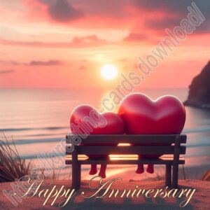 Happy anniversary digital card with two hearts enjoying the sunset.