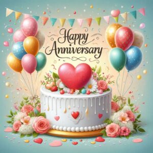 Happy anniversary digital card with cake, balloons and heart.