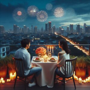 Happy anniversary digital card with a loving couple having a romantic dinner, admiring the evening metropolis and fireworks.