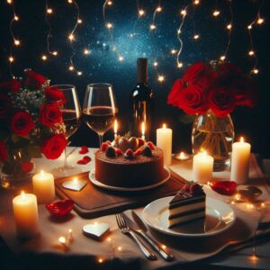 Digital Anniversary Card. Romantic Candlelight Dinner with Roses, Cake and Wine.
