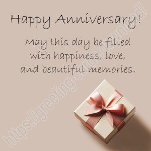 Happy anniversary beige digital greeting card with gift box and wishes.