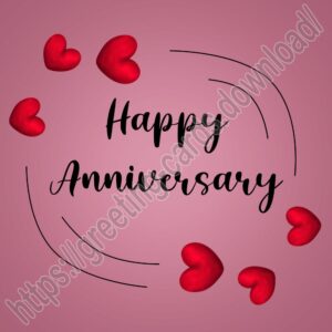 Happy anniversary digital greeting card in amaranth color with red hearts.