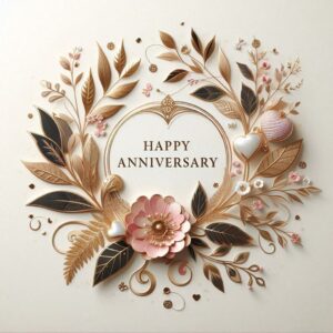 Digital anniversary greeting card with golden frame made of flowers and leaves.