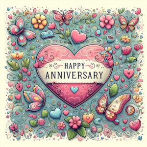 Happy anniversary turquoise digital greeting card with flowers, butterflies and hearts.