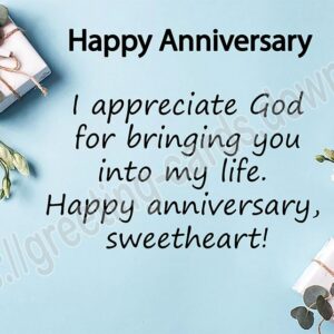 Happy anniversary light blue digital greeting card with flowers, gift boxes and congratulatory text.