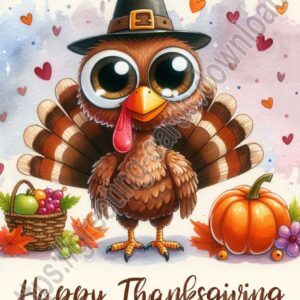 Happy Thanksgiving digital greeting card with turkey, fruit basket and pumpkin.