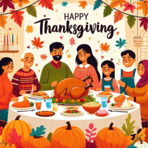 Happy Thanksgiving digital greeting card with big family celebrating thanksgiving day at family holiday dinner.