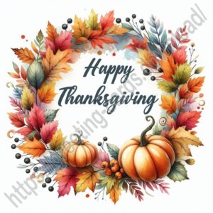 Happy Thanksgiving digital greeting card with autumn leaves and pumpkins.