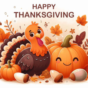 Happy Thanksgiving digital greeting card with turkey, pumpkin and acorns.