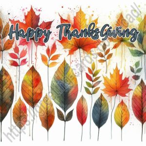 Happy Thanksgiving digital greeting card with watercolor painted autumn leaves.
