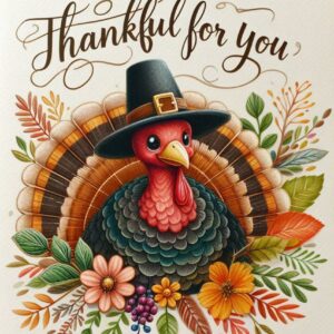 Thankful for you digital greeting card with turkey, flowers and herbs.