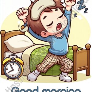 Good morning digital card with a boy who just woke up and stretched.