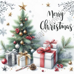 Merry Christmas greeting card with fir tree and gifts.