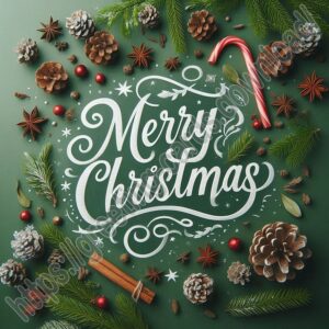 Merry Christmas green greeting card with fir branches and cones.