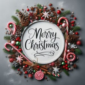 Merry Christmas greeting card with a round frame of fir branches and cones.