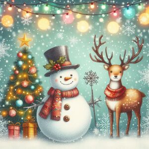 Merry Christmas greeting card with snowman, deer and Christmas tree.