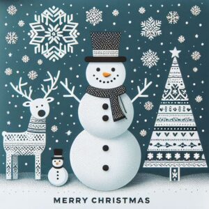 Merry Christmas card with snowman, Christmas tree, deer and snowflakes.
