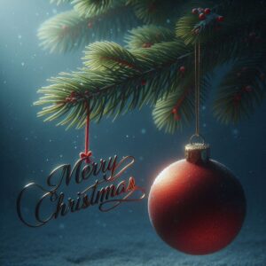 Merry Christmas card with a red Christmas ball hanging on a fir branch.