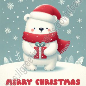 Merry Christmas card with baby polar bear.