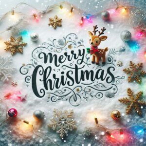 Merry Christmas card with Christmas decor and snow.