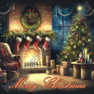 Merry Christmas card. Christmas evening by the fireplace.
