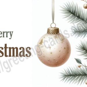 Merry Christmas card with golden Christmas tree ball, fir branches and pine cone.