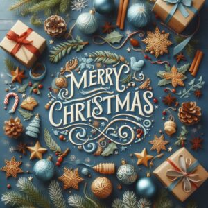 Merry Christmas card with Christmas decor and gifts.