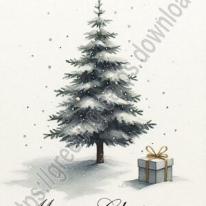 White minimalistic Merry Christmas card with fir tree and gift.