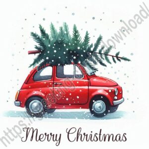 Merry Christmas card with a red car carrying a fir tree.