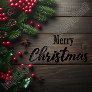 Merry Christmas card with fir branches and holly berries on dark wood background.