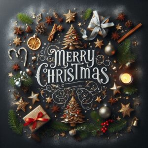 Merry Christmas card with Christmas decor on dark background.