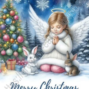Merry Christmas card with a girl - angel and bunnies.