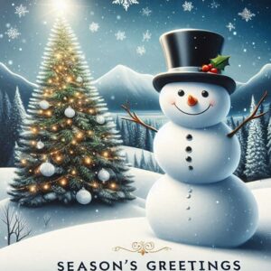 Season's greetings. Card with a snowman and a decorated Christmas tree in snowy mountains.