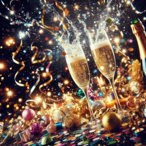New Year digital card with glasses and champagne splashes, streamers and confetti.