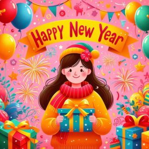 Happy new year card with girl and gifts.