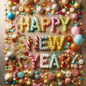 Happy new year greeting card with candy inscription.