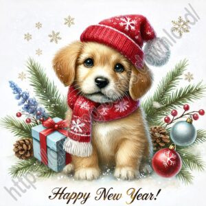 Happy new year greeting card with puppy.