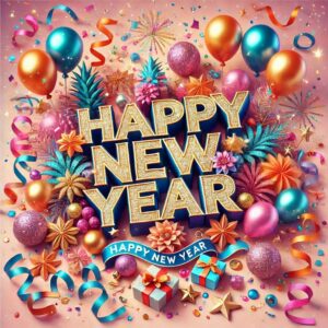 Happy new year greeting card with festive decor.