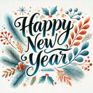 Happy New Year greeting card with twigs, leaves and berries.