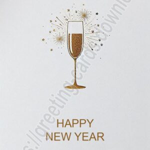 Happy new year white minimalist greeting card with glass of champagne.