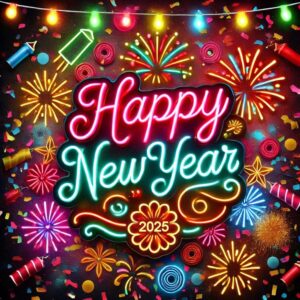 Happy New Year greeting card with colorful lights, fireworks and sparkles.