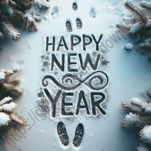Happy new year greeting card with inscription on snow.