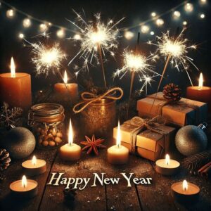Happy new year greeting card with candles and bengal lights
