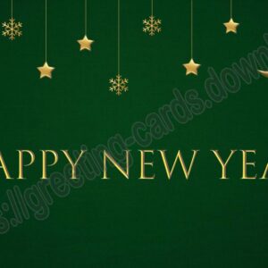Happy new year dark green greeting card with gold lettering, moon, stars and snowflakes.