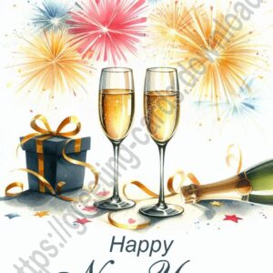 Happy new year greeting card with two glasses of champagne, fireworks and a gift.