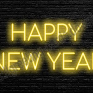 Happy new year black greeting card with neon inscription.