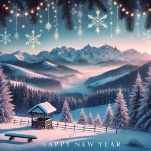 Happy new year greeting card with mountain landscape.