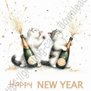 Happy new year greeting card with kittens and champagne splashes.