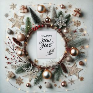 Happy new year greeting card in a frame made of new year decor.