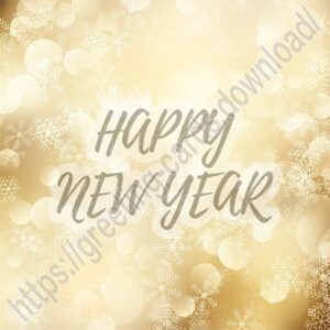 Happy new year golden beige greeting card with abstract lights and snowflakes.